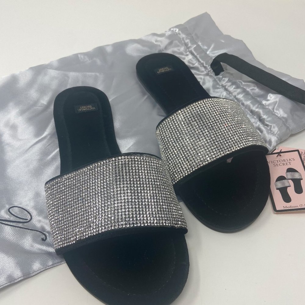 Victoria's Secret Rhinestone Covered Slides and Storage Bag